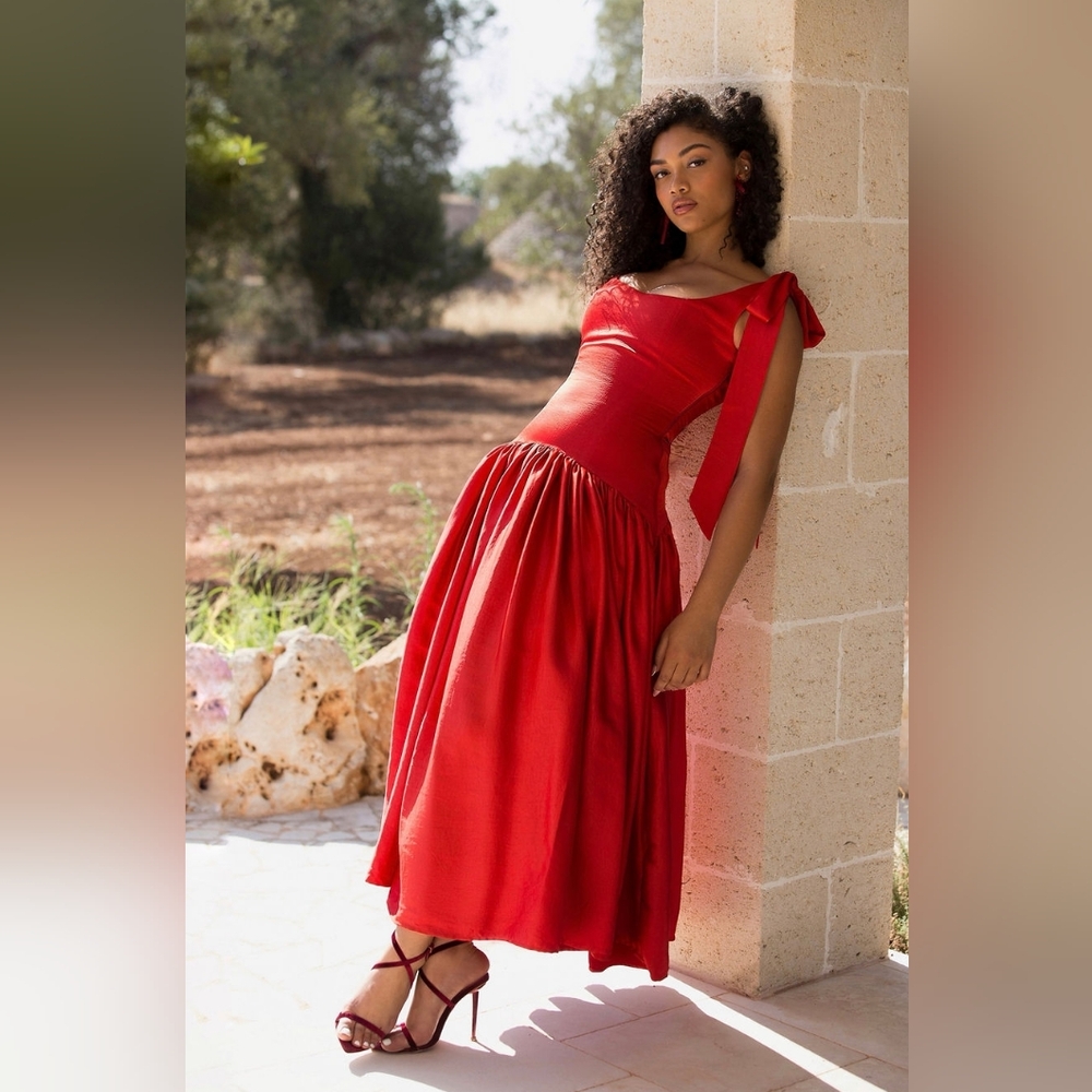 Red Bow-Shoulder Maxi Dress - Unknown Brand